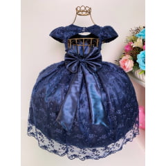 Vestido Infantil Realeza Renda Azul Escuro Festas Luxo