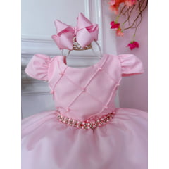 Vestido Infantil Rosa Bebê Peito Nervura Cinto de Pérolas