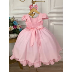 Vestido Infantil Rosa Bebê Peito Nervura Cinto de Pérolas