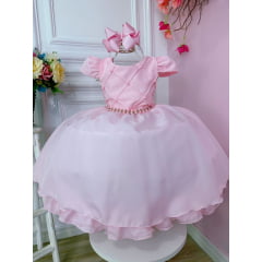 Vestido Infantil Rosa Daminhas C/ Cinto de Pérolas