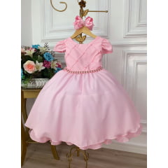 Vestido Infantil Rosa Daminhas C/ Cinto de Pérolas