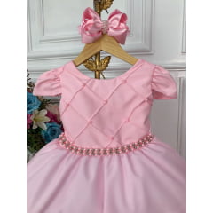 Vestido Infantil Rosa Daminhas C/ Cinto de Pérolas