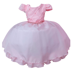 Vestido Infantil Rosa Daminhas C/ Cinto de Pérolas