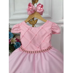 Vestido Infantil Rosa Daminhas C/ Cinto de Pérolas