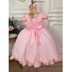 Vestido Infantil Rosa Daminhas C/ Cinto de Pérolas