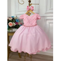 Vestido Infantil Rosa Daminhas C/ Cinto de Pérolas