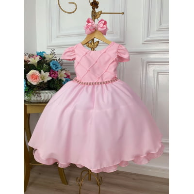 Vestido Infantil Rosa Daminhas C/ Cinto de Pérolas