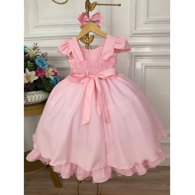 Vestido Infantil Rosa Daminhas C/ Cinto de Pérolas