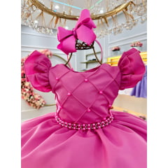 Vestido Infantil Rosa Chiclete Busto C/ Pérolas Nervura 