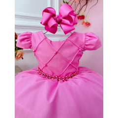 Vestido Infantil Rosa C/ Cinto de Pérolas Casamento Luxo