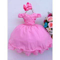 Vestido Infantil Rosa C/ Cinto de Pérolas Casamento Luxo