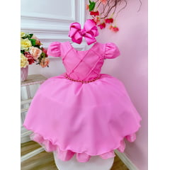 Vestido Infantil Rosa C/ Cinto de Pérolas Casamento Luxo