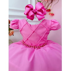 Vestido Infantil Rosa C/ Cinto de Pérolas Casamento Luxo