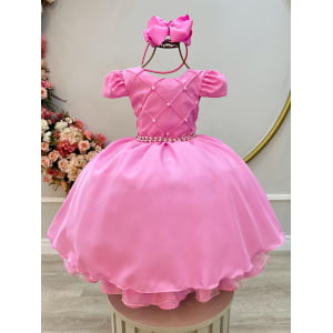 Vestido Infantil Rosa C/ Cinto de Pérolas Casamento Luxo