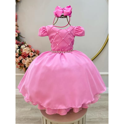 Vestido Infantil Rosa C/ Cinto de Pérolas Casamento Luxo