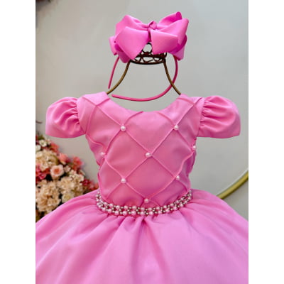 Vestido Infantil Rosa C/ Cinto de Pérolas Casamento Luxo