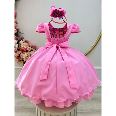 Vestido Infantil Rosa C/ Cinto de Pérolas Casamento Luxo