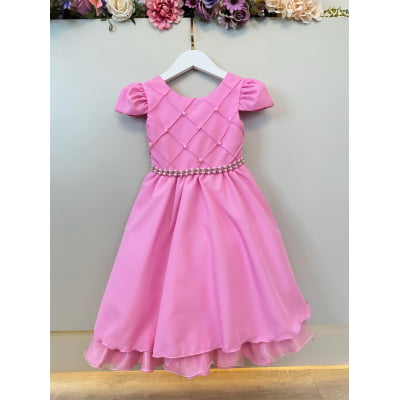 Vestido Infantil Rosa C/ Cinto de Pérolas Casamento Luxo