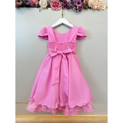 Vestido Infantil Rosa C/ Cinto de Pérolas Casamento Luxo