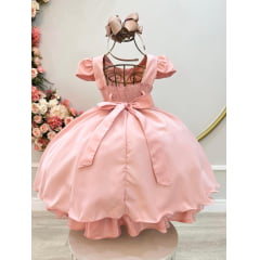 Vestido Infantil Rosa Chá Busto Nervura C/ Cinto de Pérolas