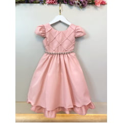 Vestido Infantil Rosa Chá Busto Nervura C/ Cinto de Pérolas