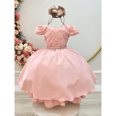 Vestido Infantil Rosa Chá Busto Nervura C/ Cinto de Pérolas
