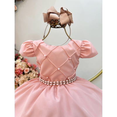 Vestido Infantil Rosa Chá Busto Nervura C/ Cinto de Pérolas