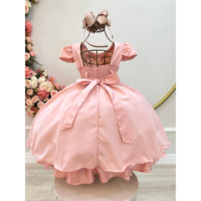 Vestido Infantil Rosa Chá Busto Nervura C/ Cinto de Pérolas