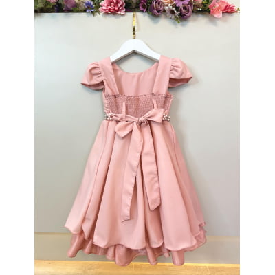 Vestido Infantil Rosa Chá Busto Nervura C/ Cinto de Pérolas
