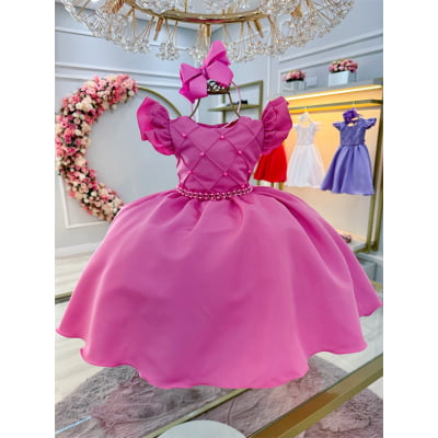 Vestido Infantil Rosa Chiclete Busto C/ Pérolas Nervura