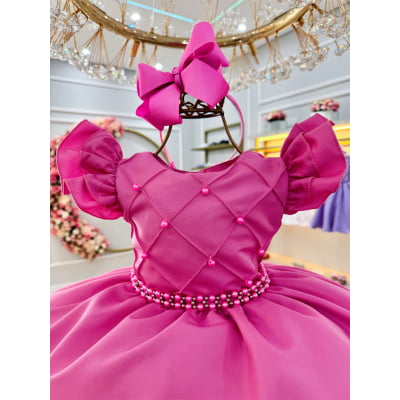 Vestido Infantil Rosa Chiclete Busto C/ Pérolas Nervura