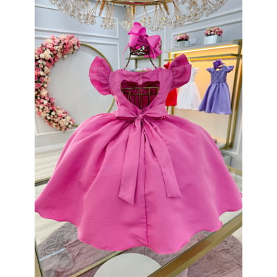 Vestido Infantil Rosa Chiclete Busto C/ Pérolas Nervura