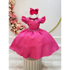 Vestido Infantil Rosa Escuro Busto Nervura C/ Pérolas Festas