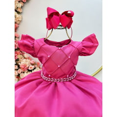 Vestido Infantil Rosa Escuro Busto Nervura C/ Pérolas Festas