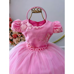 Vestido Infantil Rosa Chiclete C/ Renda Cinto Pérolas Tiara