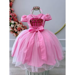 Vestido Infantil Rosa Chiclete C/ Renda Cinto Pérolas Tiara
