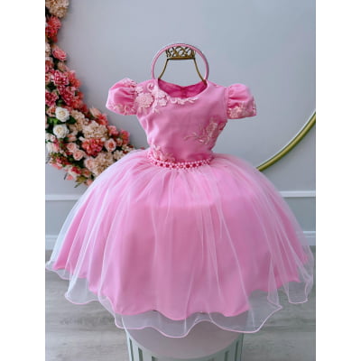 Vestido Infantil Rosa Chiclete C/ Renda Cinto Pérolas Tiara