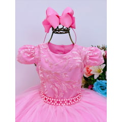 Vestido Infantil Rosa Chiclete C/ Renda e Cinto de Pérolas