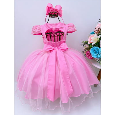 Vestido Infantil Rosa Chiclete C/ Renda e Cinto de Pérolas