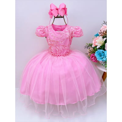 Vestido Infantil Rosa Chiclete C/ Renda e Cinto de Pérolas