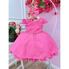 Vestido Infantil Rosa Chiclete Cinto Pérolas Damas Casamento