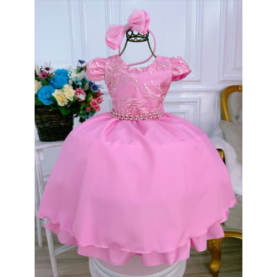Vestido Infantil Rosa Chiclete Renda C/ Pérolas Damas Tiara