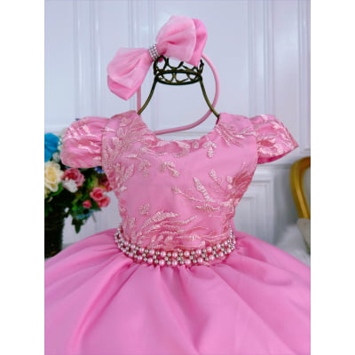 Vestido Infantil Rosa Chiclete Renda C/ Pérolas Damas Tiara