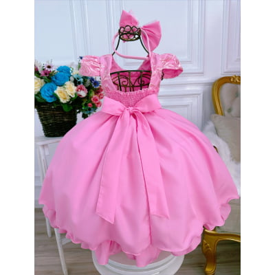 Vestido Infantil Rosa Chiclete Renda C/ Pérolas Damas Tiara