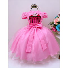 Vestido Infantil Rosa Chiclete Renda Cinto Pérolas Tiara