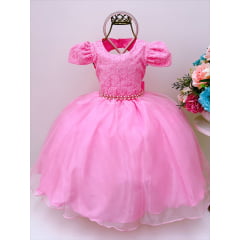 Vestido Infantil Rosa Chiclete Renda Cinto Pérolas Tiara