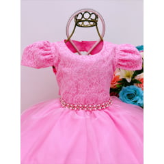 Vestido Infantil Rosa Chiclete Renda Cinto Pérolas Tiara