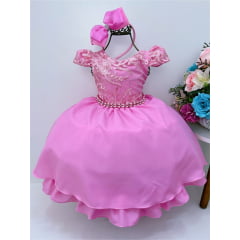 Vestido Infantil Rosa Chiclete Renda Damas C/ Pérolas Tiara