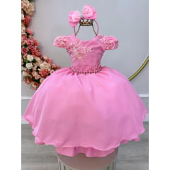 Vestido Infantil Rosa Chiclete Renda Damas C/ Pérolas Tiara