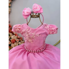 Vestido Infantil Rosa Chiclete Renda Damas C/ Pérolas Tiara